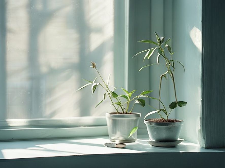 Et vindueskarme med blomster og dæmpet sollys